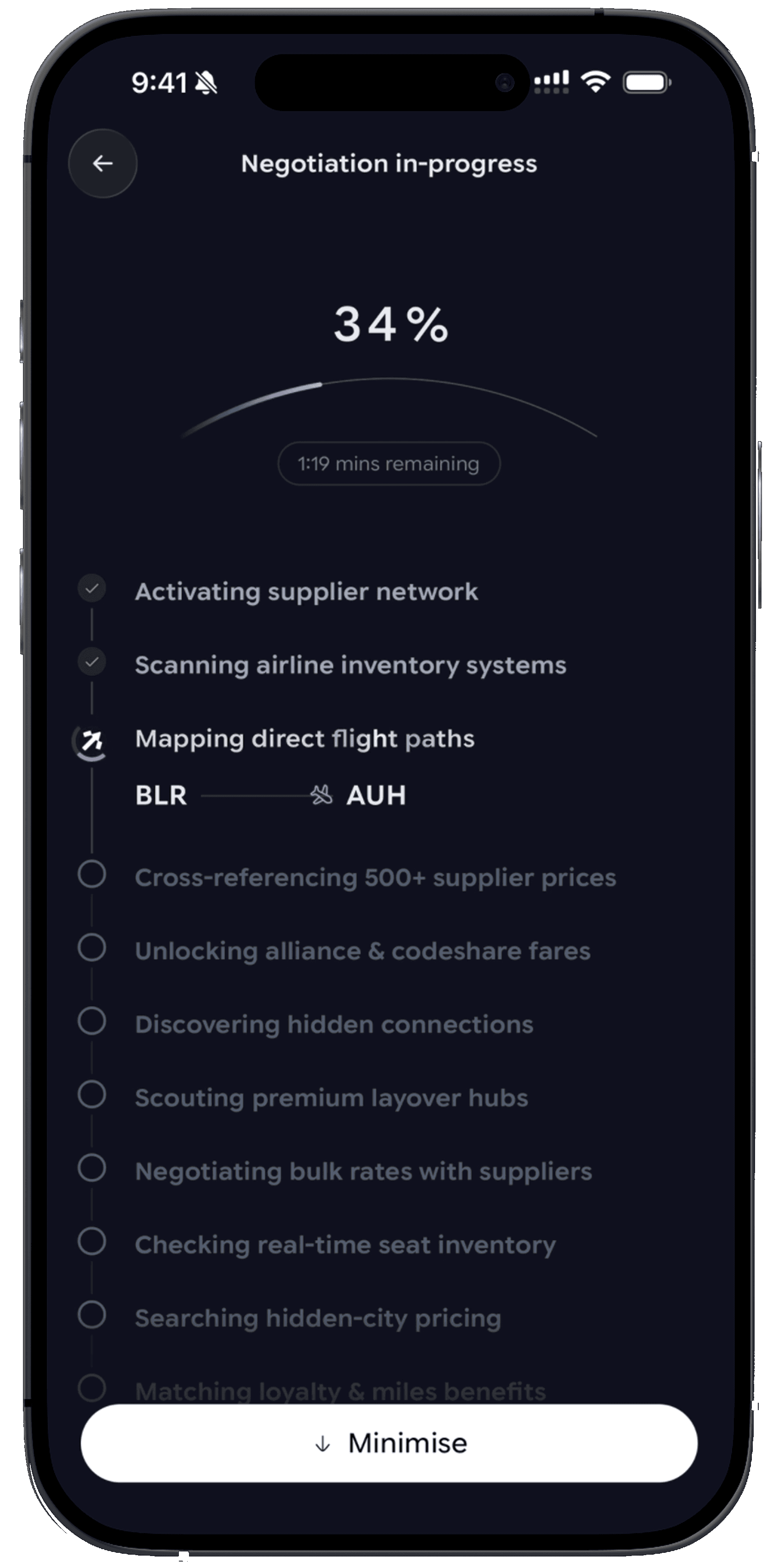 Away app negotiating a flight live — BLR to AUH, 34% complete across 500+ suppliers