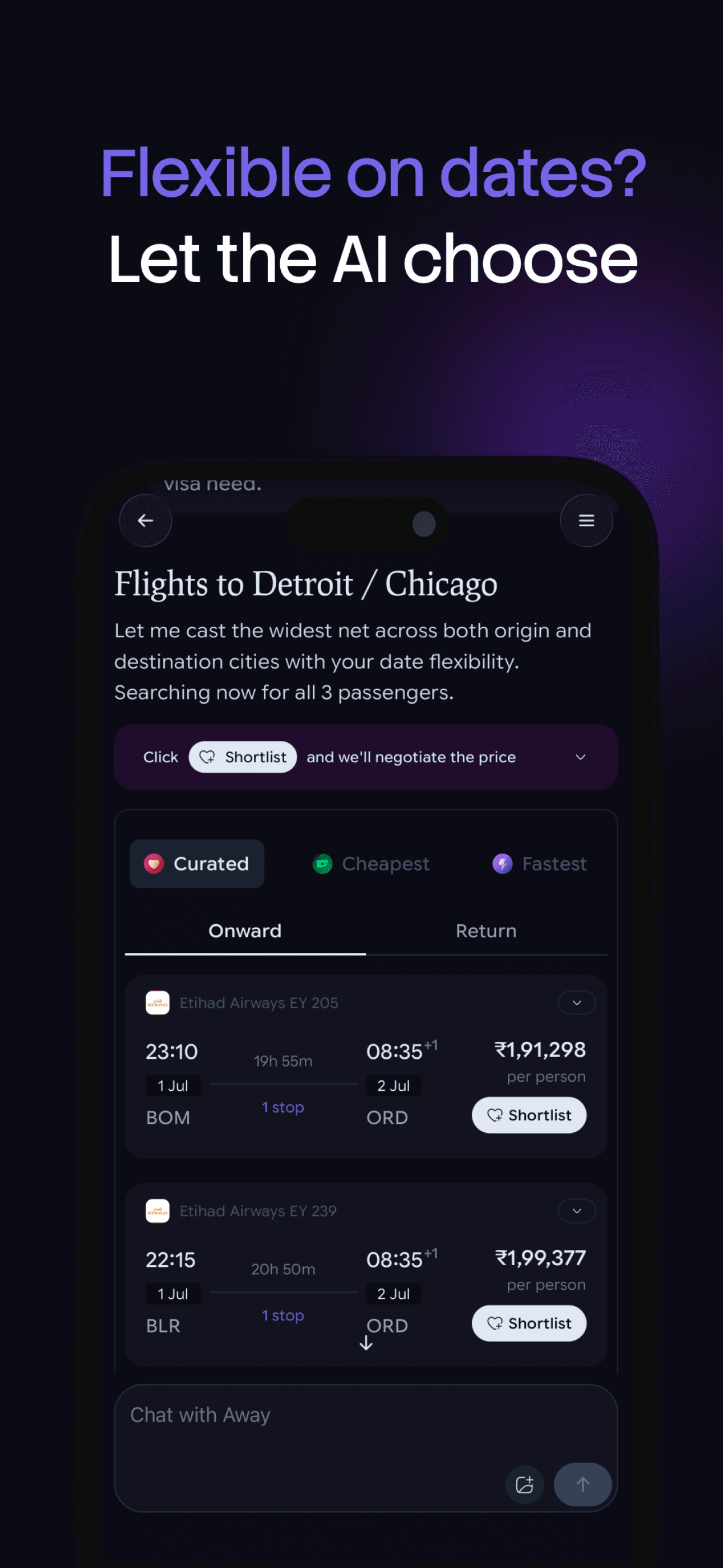 Flexible on dates — Away's AI searches across cities and dates for the best fare